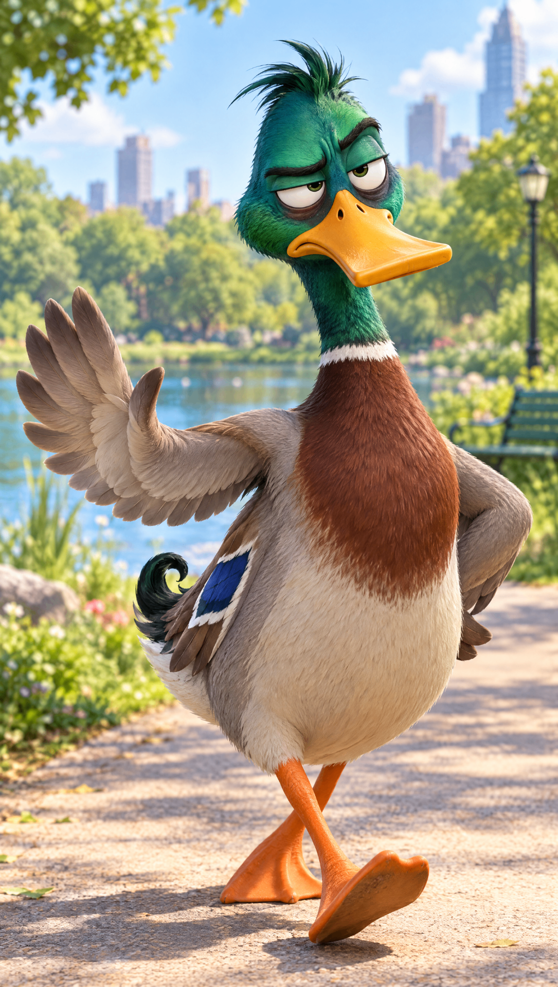 Pepper, pato verde de expressão ranzinza caminhando em um parque