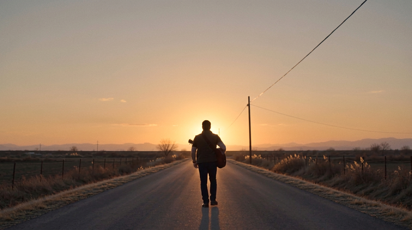 Homem com guitarra ao entardecer no fan film Summer of '69